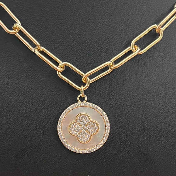 Jewelry - Gold Mother-of-Pearl Flower and Pave Pendant Paperclip Necklace